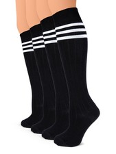 Women Cotton Knee High Long Dress Socks With 3 Stripes, 4 Pairs, by Hugh Ugoli