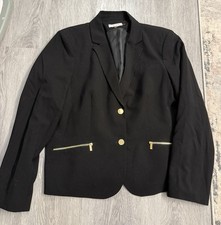 Calvin Klein Women  s Black Solid Blazer Gold Button Zip Pockets Long Sleeve 16