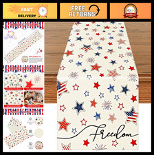 Patriotic Table Runner 72x13" - Red White Blue Stars  Fireworks for 4th of July