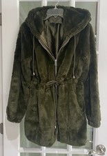 Womens Olive Green Faux Fur Anorak Plush Hoodie Coat Size M EUC