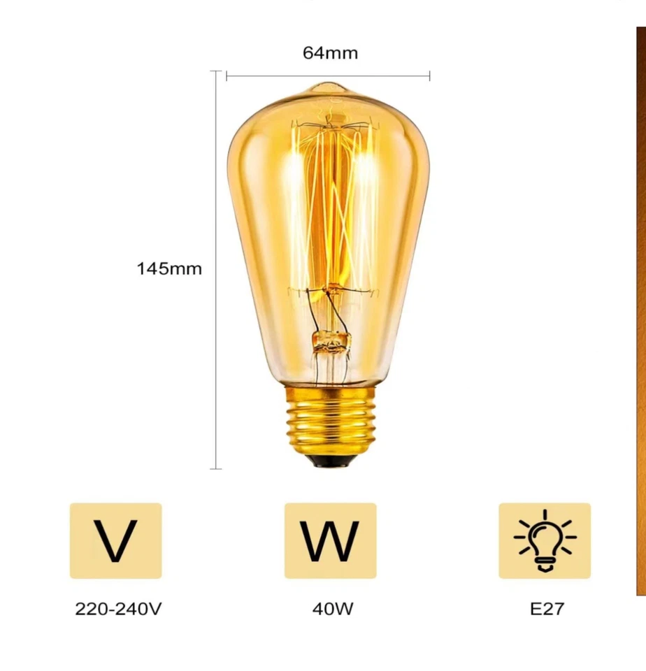 6 x ST64 Amber 40W ES DIMMABLE Light Bulb Squirrel CAGE TUNGSTEN FILAMENT  - Image 2 of 3