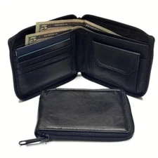 Black Leather Men's Zipper Wallet - Slim & Durable Everyday Wallet