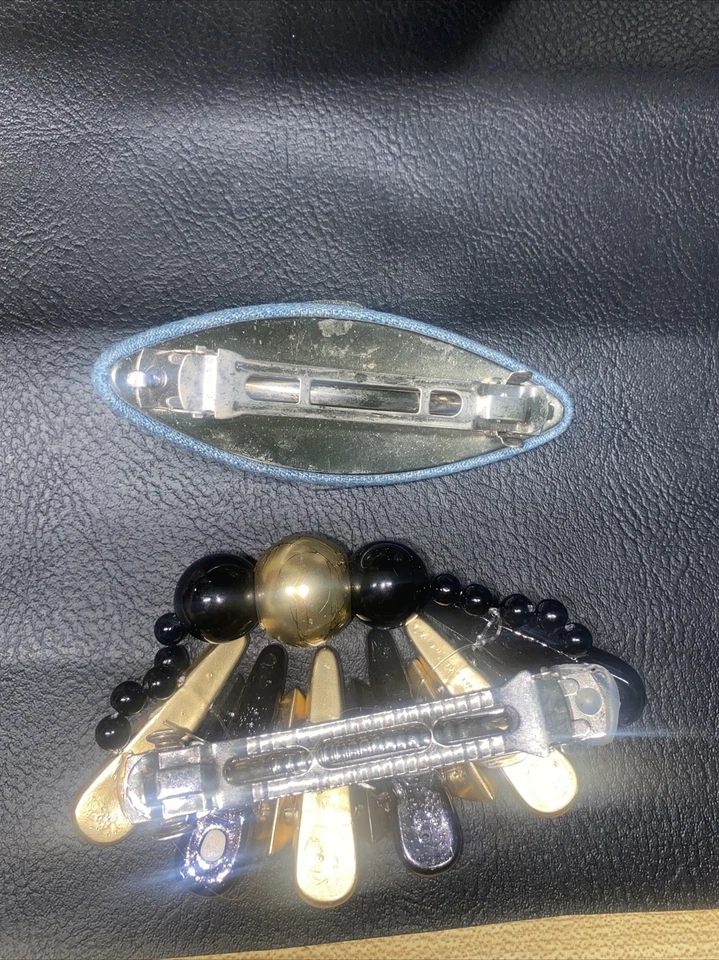 Vintage 1980's Pair Of Hair Clips Barrettes Gold / Black And Denim - Image 2 of 4
