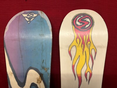 TWO 90's Sims models ATV & FAKIE 159 snowboards, wall hangers