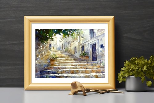 Sunlit Stone Steps 5"x7" Print on Matte Paper | Charming Mediterranean Artwork - Picture 9 of 17