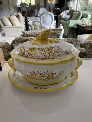 Large Antique Yellow White Soup Tureen With Underplate