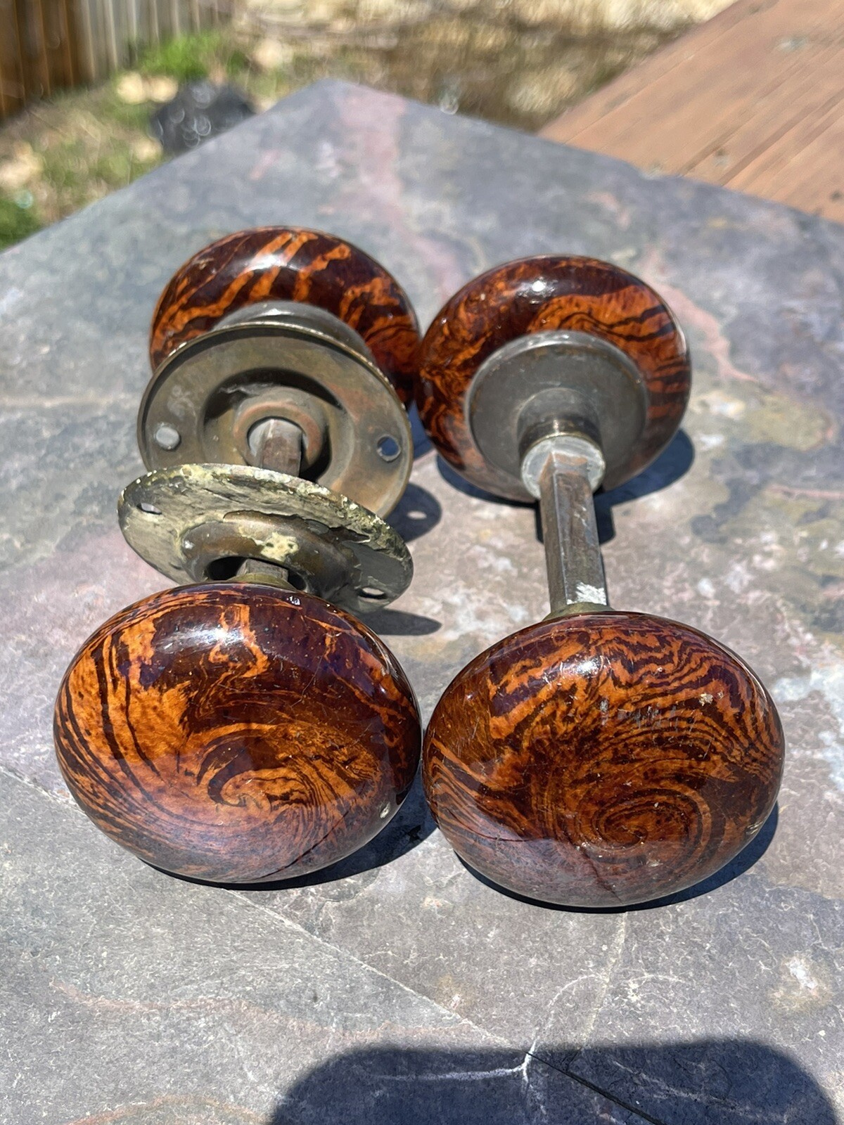 Antique Victorian Bennington brown marble swirl porcelain door knob (2