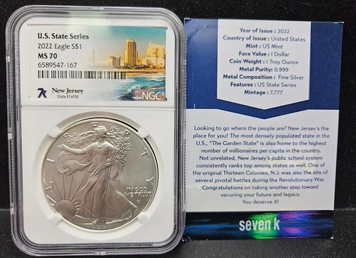 2022 American Silver Eagle - NGC MS70- New Jersey with COA