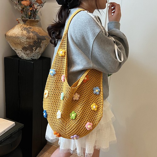 Women Flower Knitted Shoulder Bag Crochet Fashion Tote Bag Outdoor Travel Bag Au - Picture 5 of 19