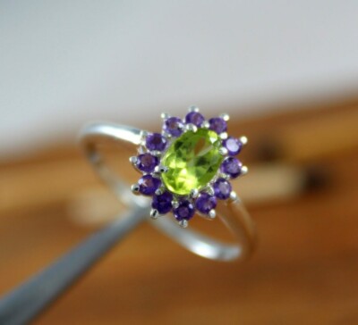 Oval Cut Natural Peridot Amethyst 925 Sterling Silver Vintage Engagement  Ring