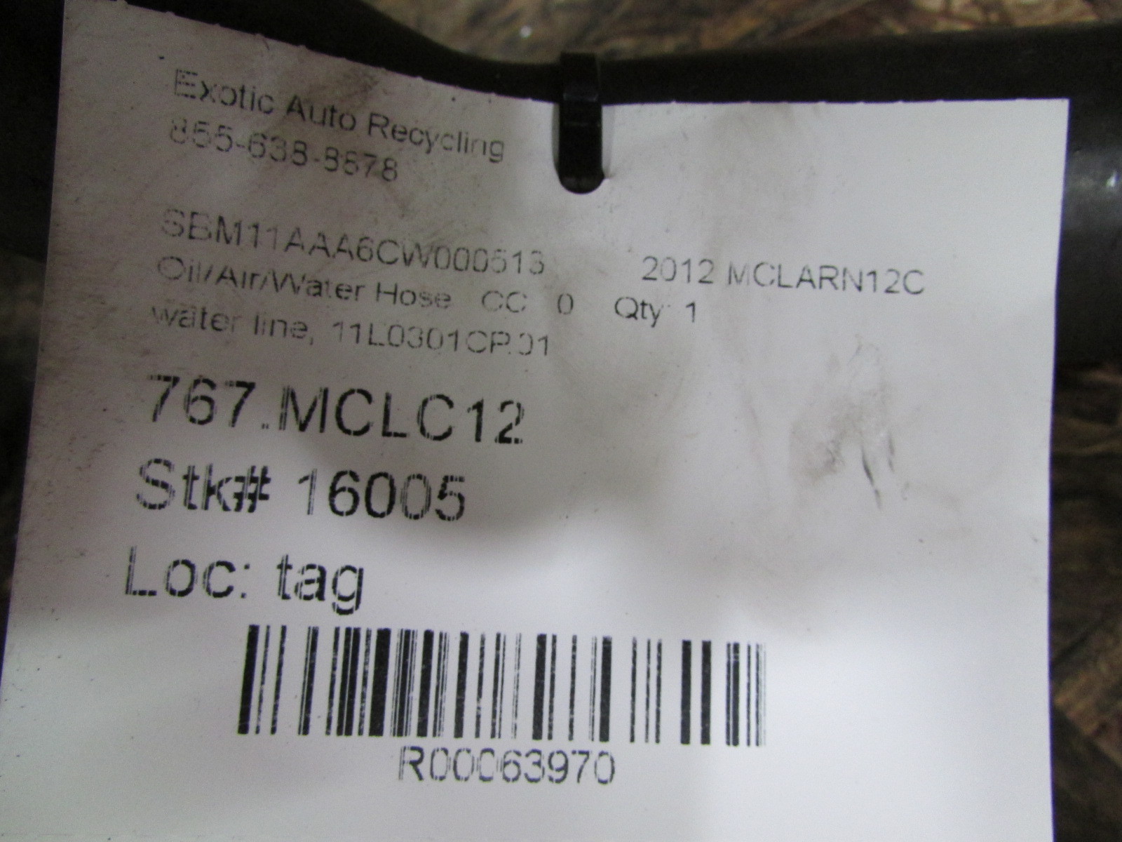Mclaren MP4-12C, Water Pump Line, Used, P/N 11L0301CP.01