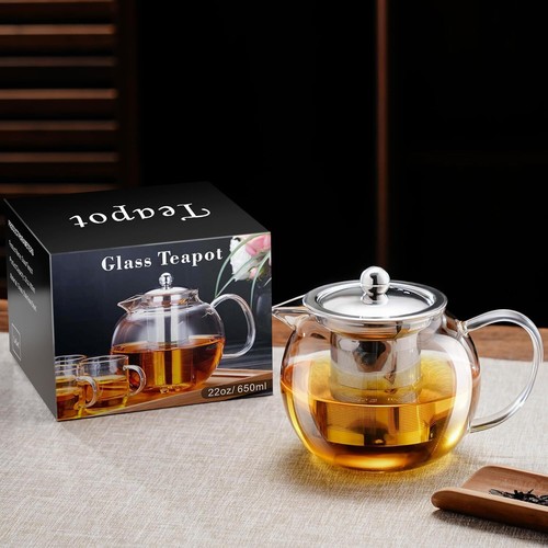 Clear Glass Tea Pot With Steel Infuser Leaf Teapot Stovetop Safe 22Oz 650ml -USA - Picture 6 of 6