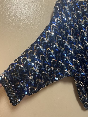 Vintage Flagg Petites Pailletten blau silber Zick-Zack Glitzer Bluse Top Party Damen - Bild 8 von 13