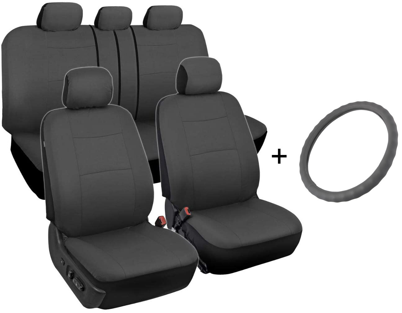 Microfiber Leather Steering Wheel Cover + Car Seat Covers (Full Set) Gray