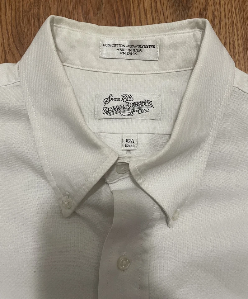 Sears Roebuck Shirt Mens 16.5 80s Made USA White Button Front - Image 3 of 4