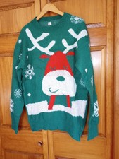 Mens Reindeer Med. Ugly Christmas Sweater Green w/ snowflakes IRL measures below