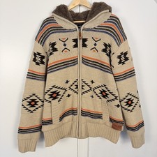 Tribal Aztec Southwest Geometric Navajo Zip Up Hoodie Jacket Size XL Faux Fur