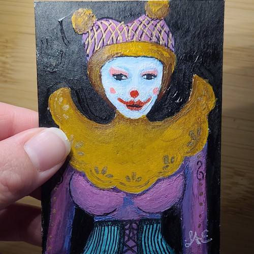 ACEO OOAK Linda Earp Art Jester Signed Acrylic & Ink Painting Lady Carise Clown