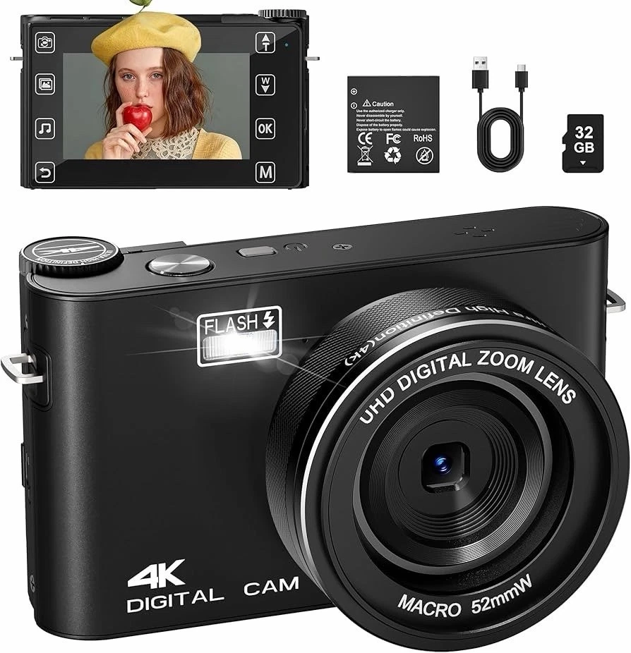Fotocamera Digitale 4K 56MP Con Obiettivo Grandangolare 52mm E Macro, Vlogging Con Microfono Esterno E Schermo Fotocamera Digitale 4K 56MP Con Obiettivo Grandangolare 52mm E Macro, Vlogging Con Microfono Esterno E Schermo