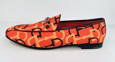 Gucci Jordaan Horsebit Logo Print Orange Fabric Flat Barbie Loafers Size EU 38