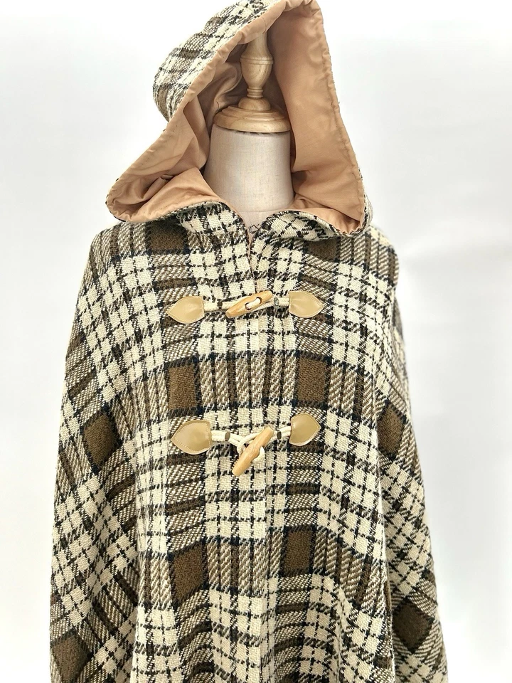 Винтажный шерсти желтовато-коричневый клетку с капюшоном плащ пальто езды плащ фиолетовый подкладка - Изображение 2 из 4