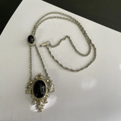 Vtg Ornate Necklace GOTH French Costume Jewelry "rhinestone & Onyx" Silver Tone