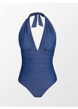 Women V Neck One Piece Swimsuit Halter Backless Ruched Tummy Control-Med