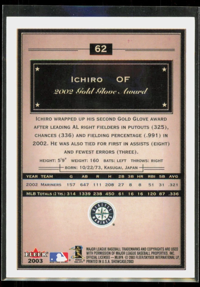2003 Fleer Showcase Ichiro Suzuki Seattle Mariners #62 - Image 2 of 2
