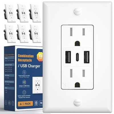 Amico 6-Pack USB Wall Outlet: 2x Type A, 1x Type C, 30W, 15A   ETL Listed