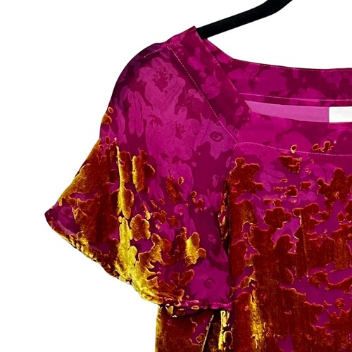 Anthropologie Maeve Velvet Burnout Blouse XS Pink Gold Floral Sheer Silk Blend - Picture 5 of 11
