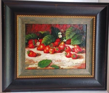 Vtg Oil Painting Strawberries Still Life mid 20th C. by J. Nodrick listed