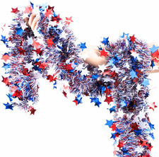 4Th of July Patriotic Tinsel Garland Decoration 33FT, Red White and Blue Tinsel