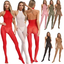 Women Bodysuit Breathabled Unitard Full Body Jumpsuit Transparent Halter Neck