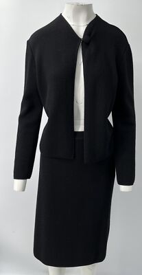 Max Mara Black Wool Textured Knit One-Button Cardigan+Skirt Set sz M