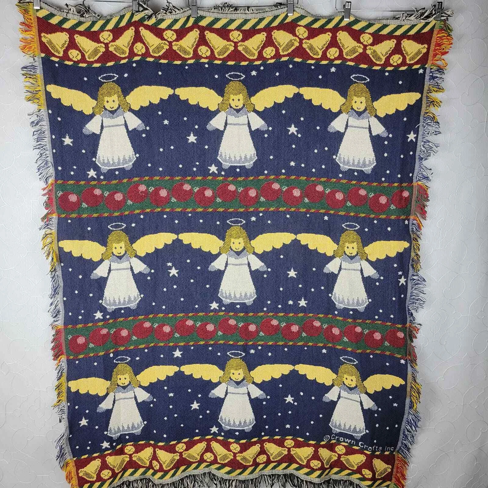 Vintage Crown Crafts Christmas Angel Woven Throw 62 x 50 Fringe Afghan Cotton