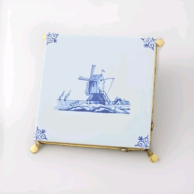 Vintage Delft Blue Tile Trivet Hand Painted Windmill Brass Footed Hot Plate 70s