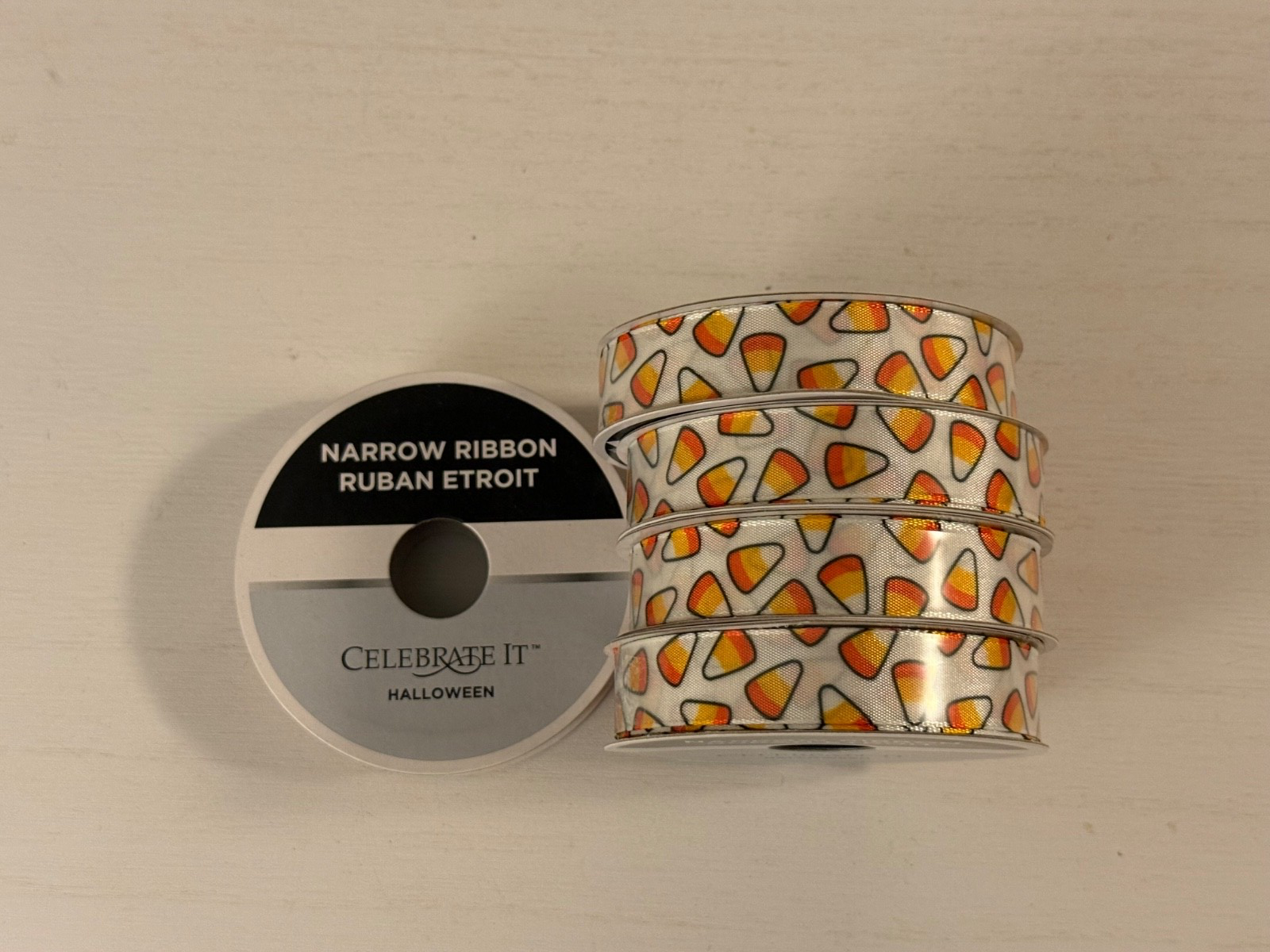 Brand New Sealed Orange, White and Yellow Candy Corn Halloween ribbon