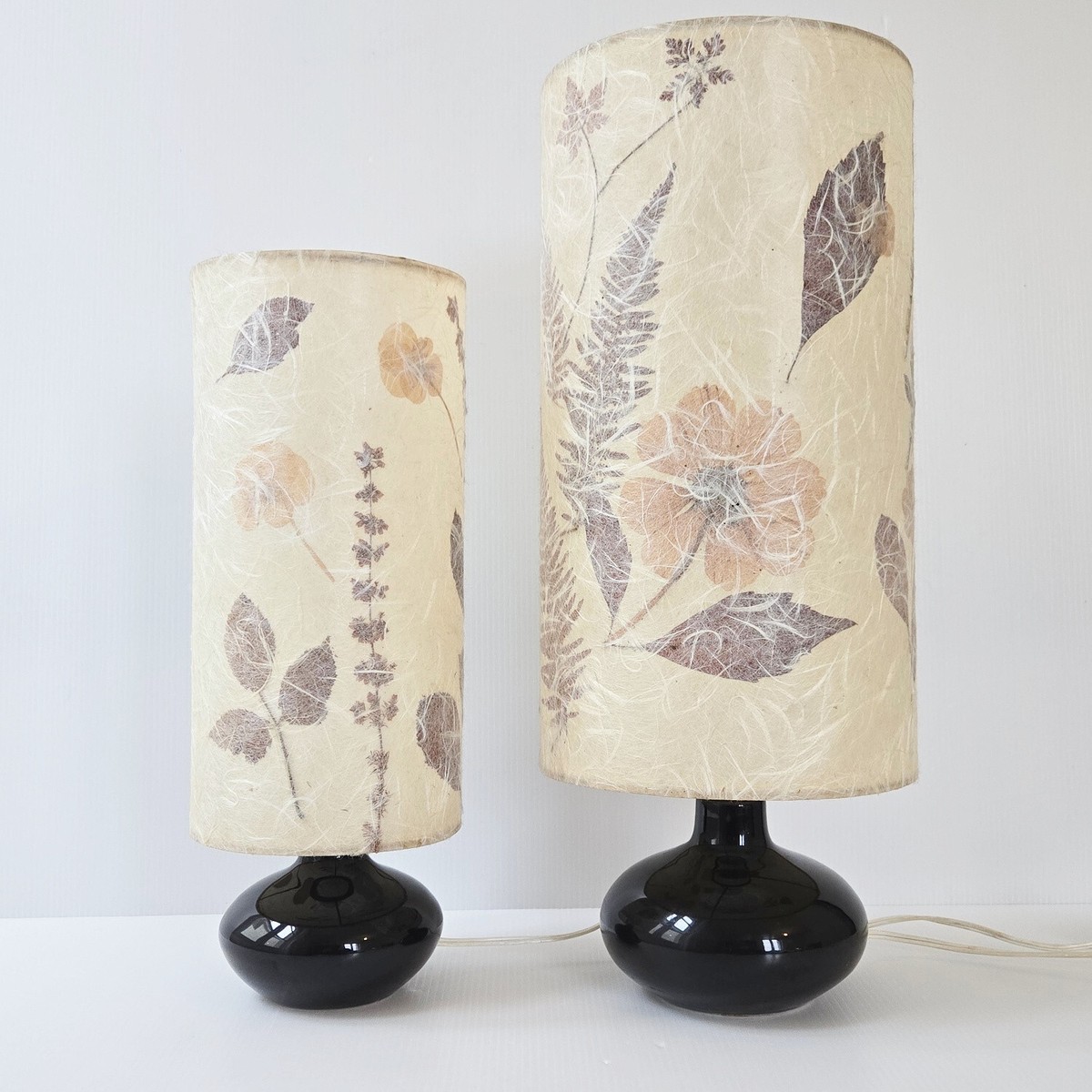Set Of 2 Vintage Lamps 1970 Black Ceramic & Herbarium Paper Shade 