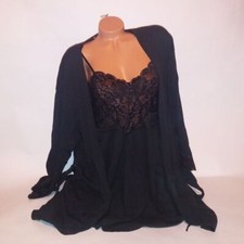 Vintage Victoria Secret Robe Gown Set Large Chemise Kimono Black Solid 1999
