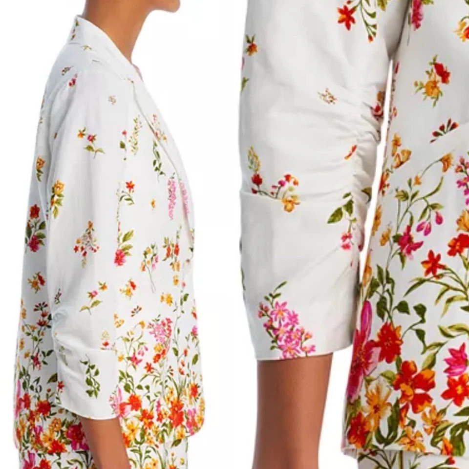 Blazer Mujer Aqua Blanco Estampado Floral Acanalado Manga 3/4 Forrado M Botón Frontal Foto 3 de 4