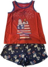 New Peanuts Snoopy 2 Pieces Red Blue Shorts Pjs Pajamas Youth Unisex Sz 6 Kids