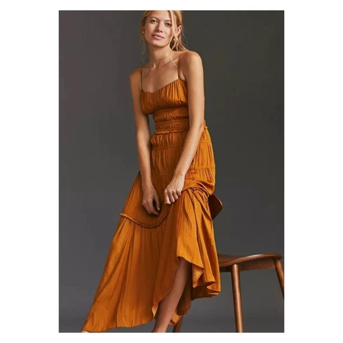 NWT Anthropologie Womens sz 8 Ruched Tiered Midi Pleated Satin Slip Dress Gold