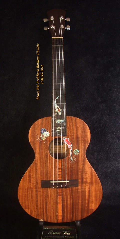 Bruce Wei Handmade Curly Acacia, Walnut ArchBack Baritone Ukulele, UAG-2016 - Image 4 of 4