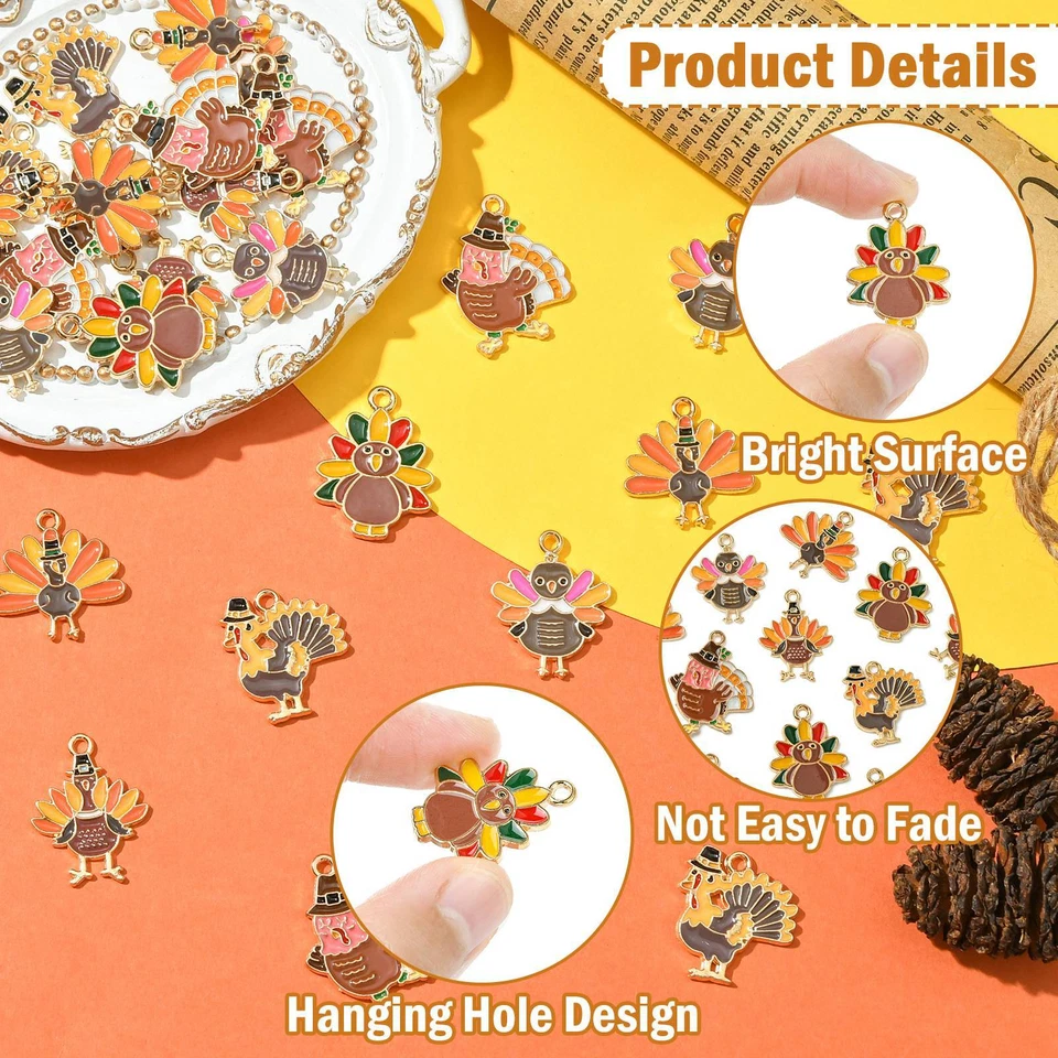 30 peças pingentes de liga de esmalte de dia de Ação de Graças amuleto de peru berloque de galinha preta faça você mesmo - Imagem 3 de 4
