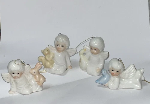 Angel White Bone China 4 Ornaments W/Duck, Rabbit, Squirrel, Bird Christmas