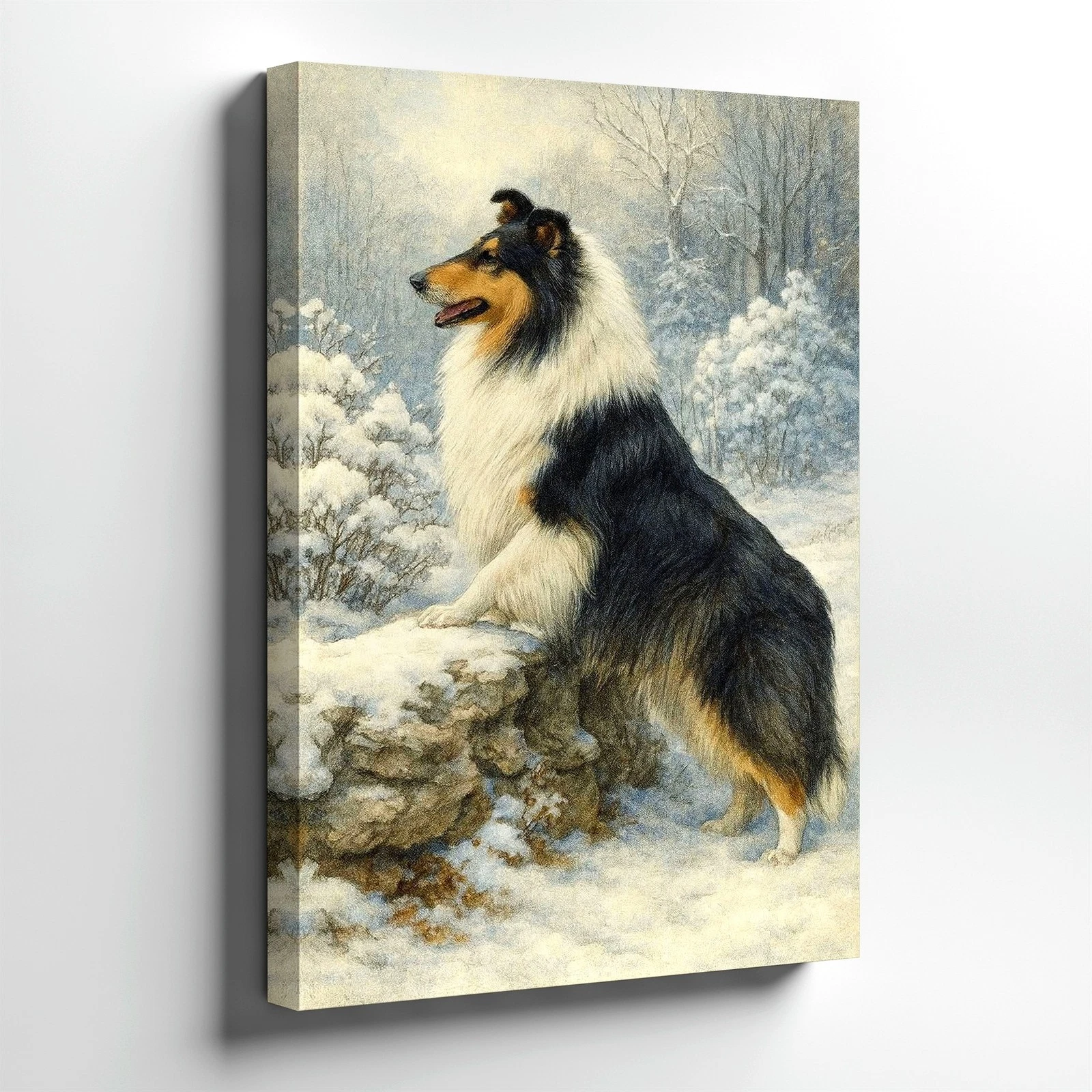Wall Art Collie Dog in Snow Winter Landscape Print Rustic Animal Painting Decor