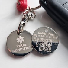 Medical Keyring Key Fob Key Chain Personalised Condition, Name, QR, Emergency ID