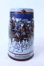 1989 Budweiser Ceramic Beer Stein Hitch On A Winters Eve 6 3/4" Tall No Chips