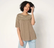 LOGO by Lori Goldstein 100% Cotton Short Sleeve Embroidered Top Cinder XXS New