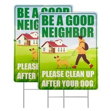 Clean Up After Your Dog Signs, 2 Pack 12"x9" with Metal H-Stakes Be a Good Neigh